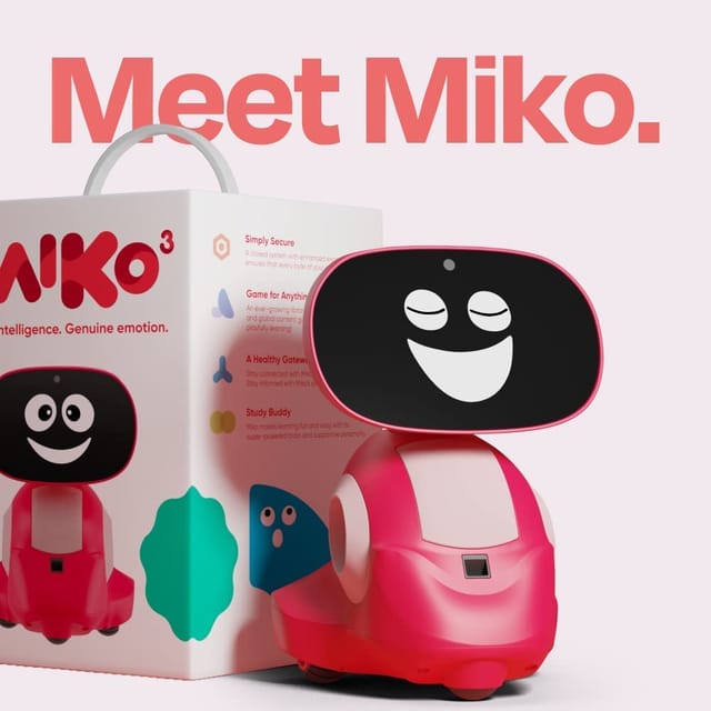 MIKO interactive smart AI Robot Miko toy for learning India in pink with smiling face and packaging box