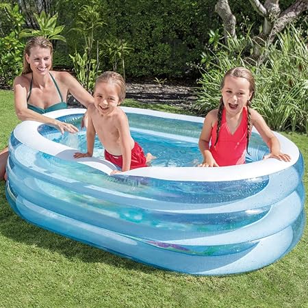 Intex inflatable kids swimming pool, blue oval shape, outdoor view, perfect for summer fun. Buy kids swimming pool online at samstoy.in Gujarat India.
