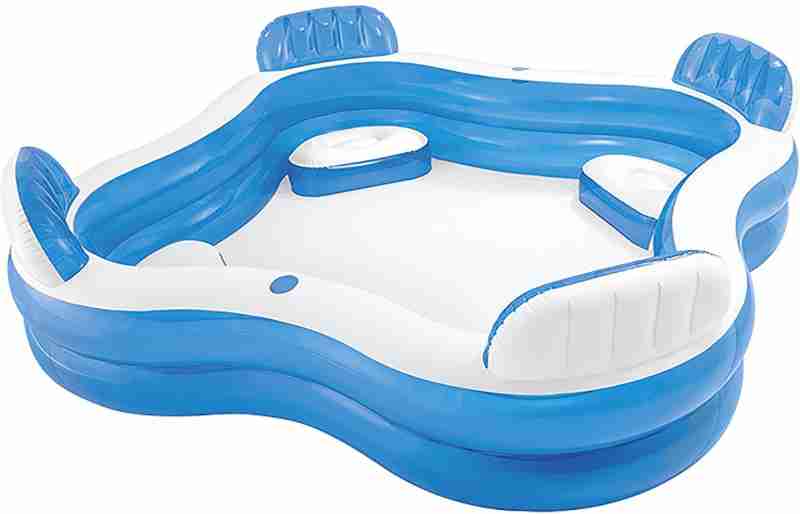 Intex inflatable family swimming pool full size Ahmedabad online India with blue and white design and built-in seats.