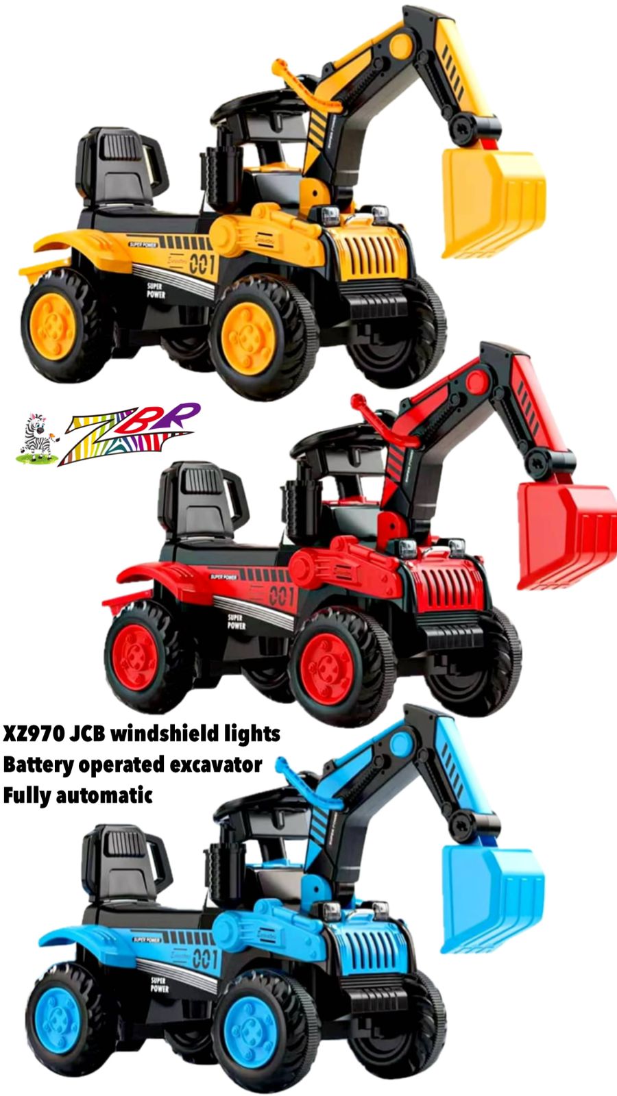 JCB toy car for kids 2-8 years excavator battery operated in yellow red and blue with windshield lights