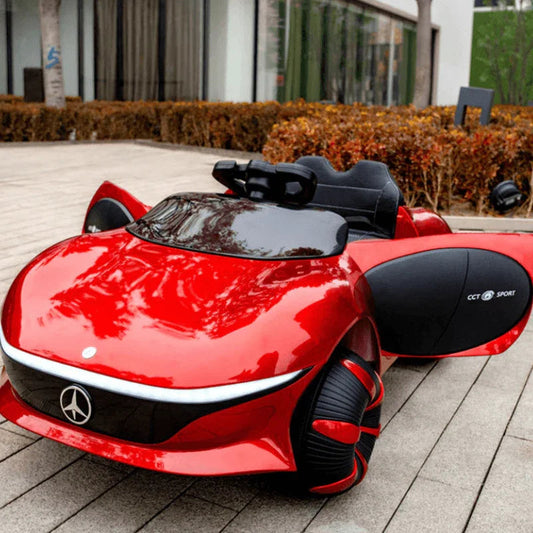 Red childs electric ride on car with sleek design and open doors, ideal for outdoor fun in Ahmedabad