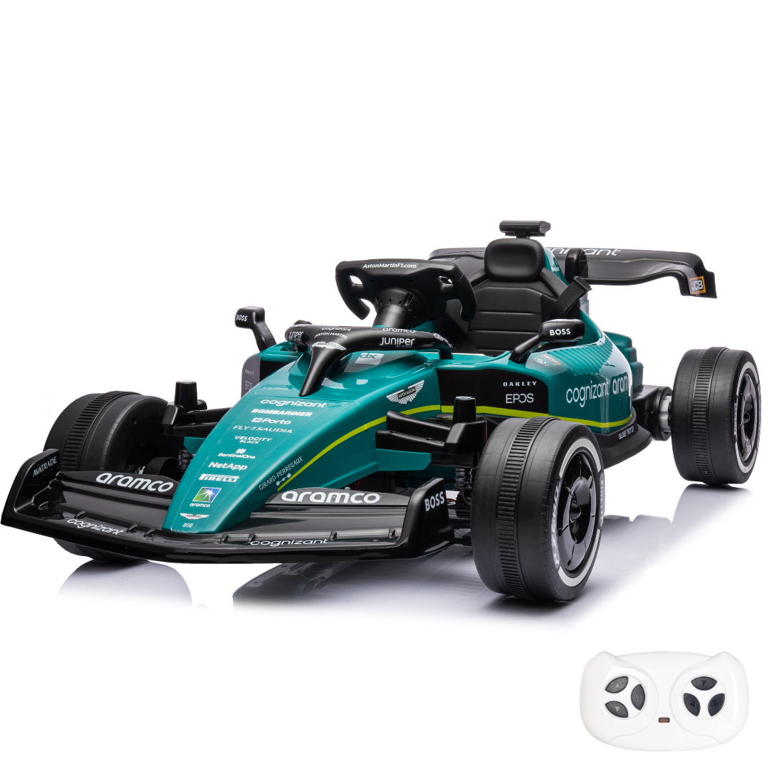 Green kids battery operated Car Formula 1 with remote control, front view, for young racing enthusiasts