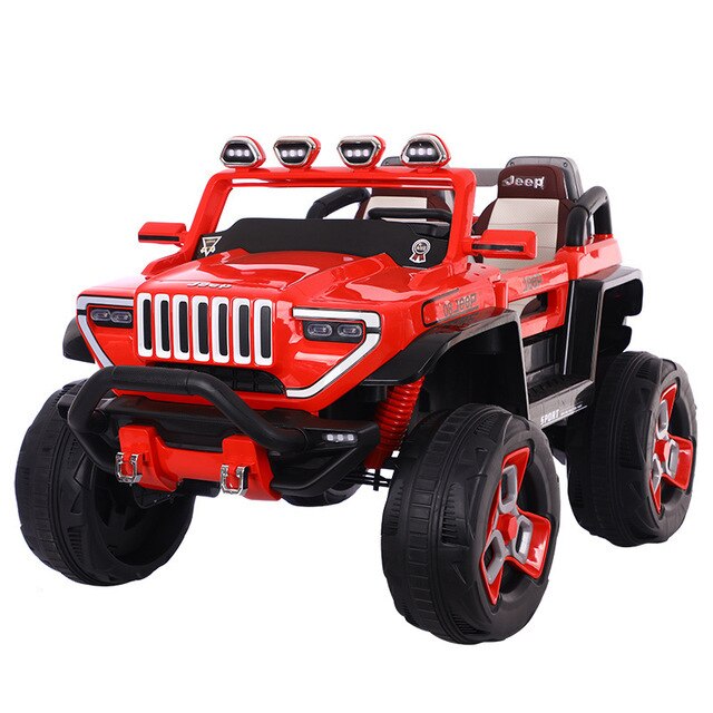 Kids Remote Control Ride on Jumbo Jeep in vibrant red with oversized tires and LED lights