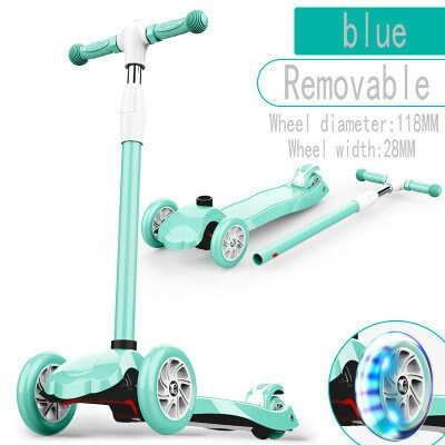 Blue adjustable ride on one lage standing scooterfor toddlers with removable handle LED light up wheels and wide deck
