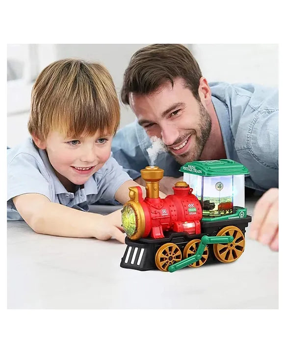Red and green toy train with child playing colorful musical train toy for toddlers, sound and lightning .
