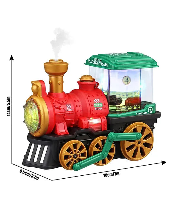 colorful musical train toy for toddlers, sound and lightning . Red vintage steam train with flashing lights and smoke