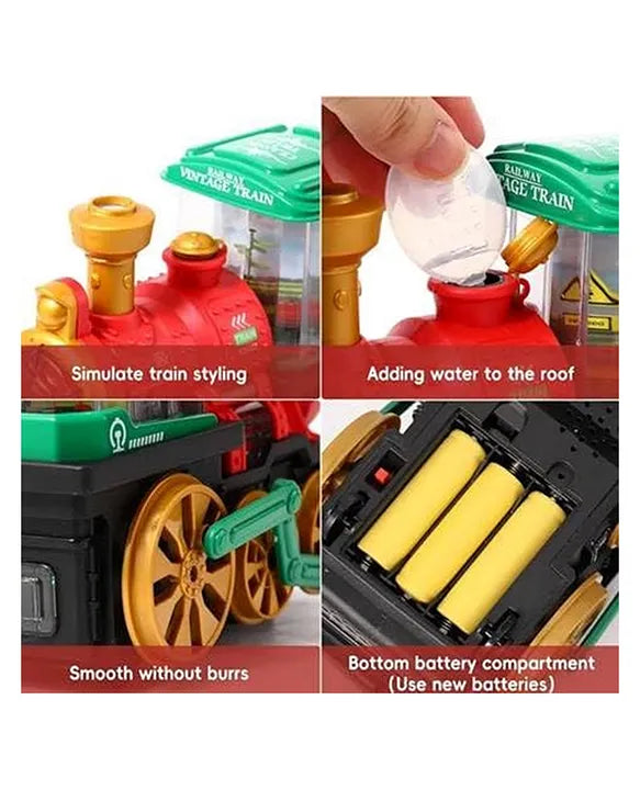 Red and green colorful musical train toy for toddlers, sound and lightning . Water fill roof battery compartment wheels