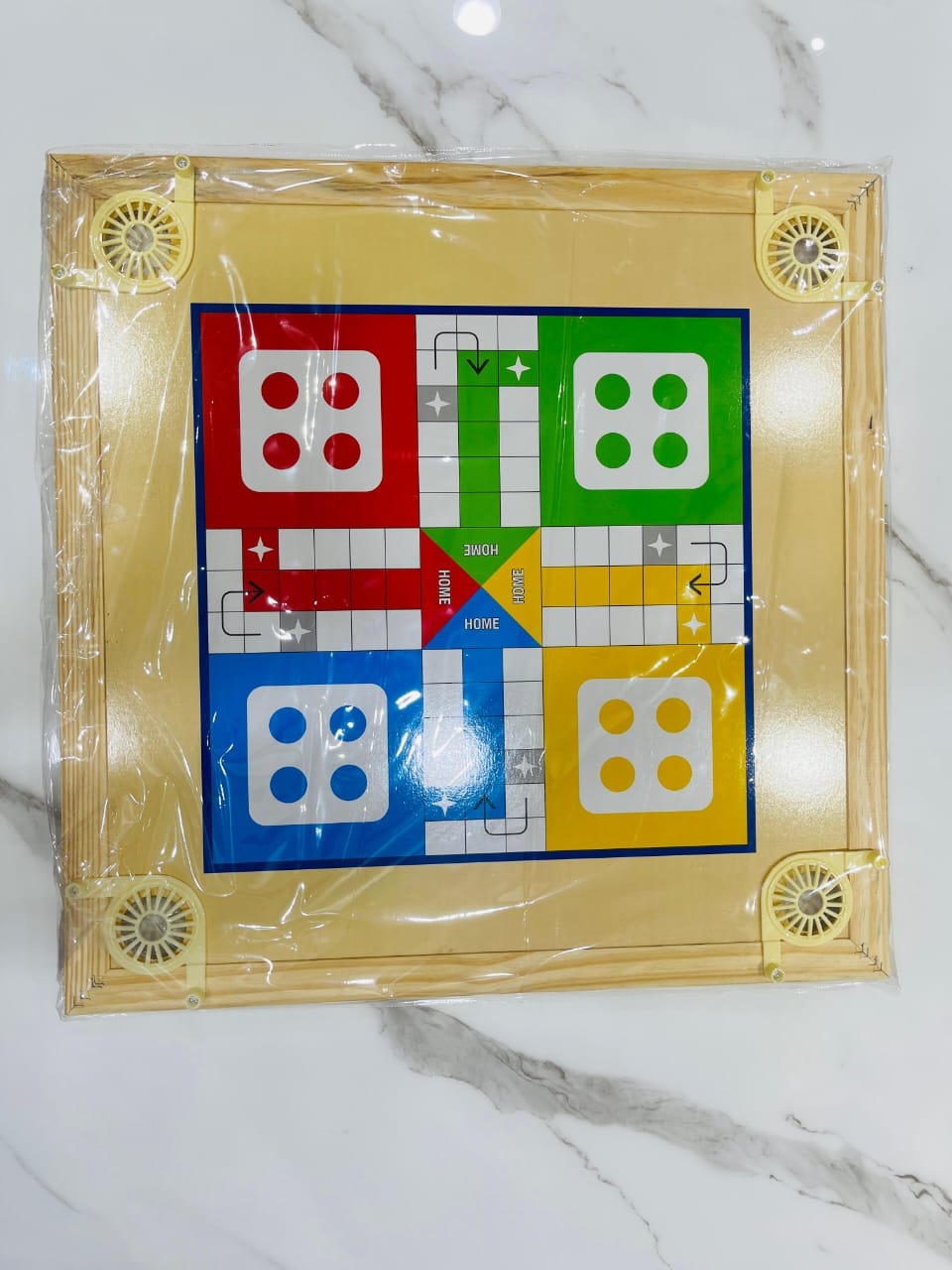 wooden carrom board with ludo game square wooden board with colorful ludo print and corner pockets