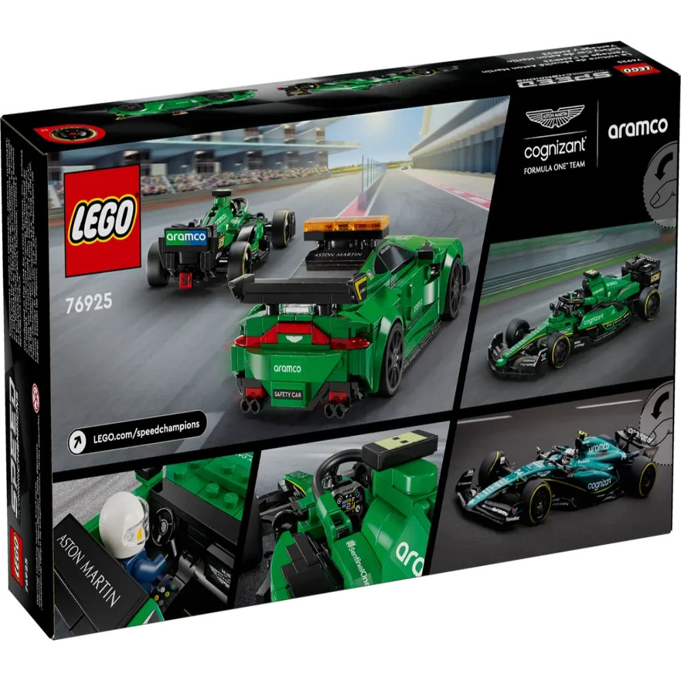 Buy Aston Martin Safety Car & AMR23 Lego India LEGO set box showing green safety car and AMR23 F1 car on racetrack