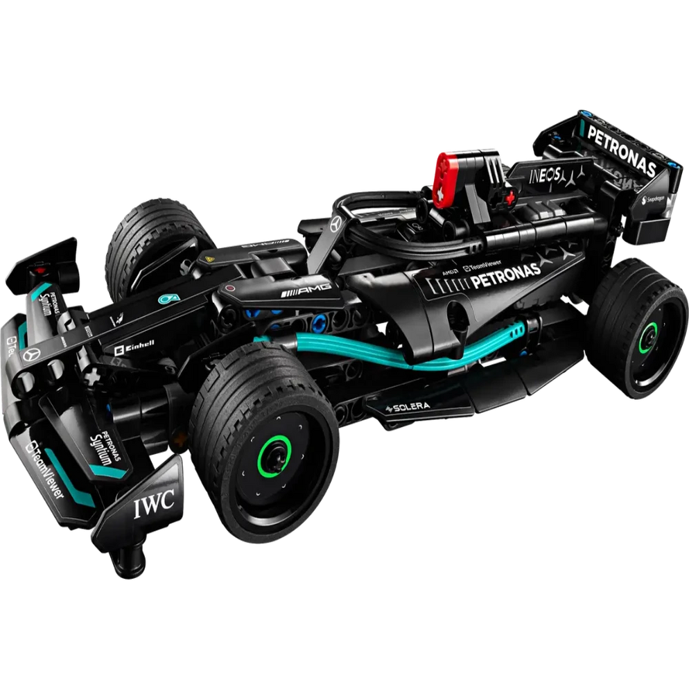 Lego Technic Mercedes F1 car India model in black with teal Petronas livery and realistic racing details