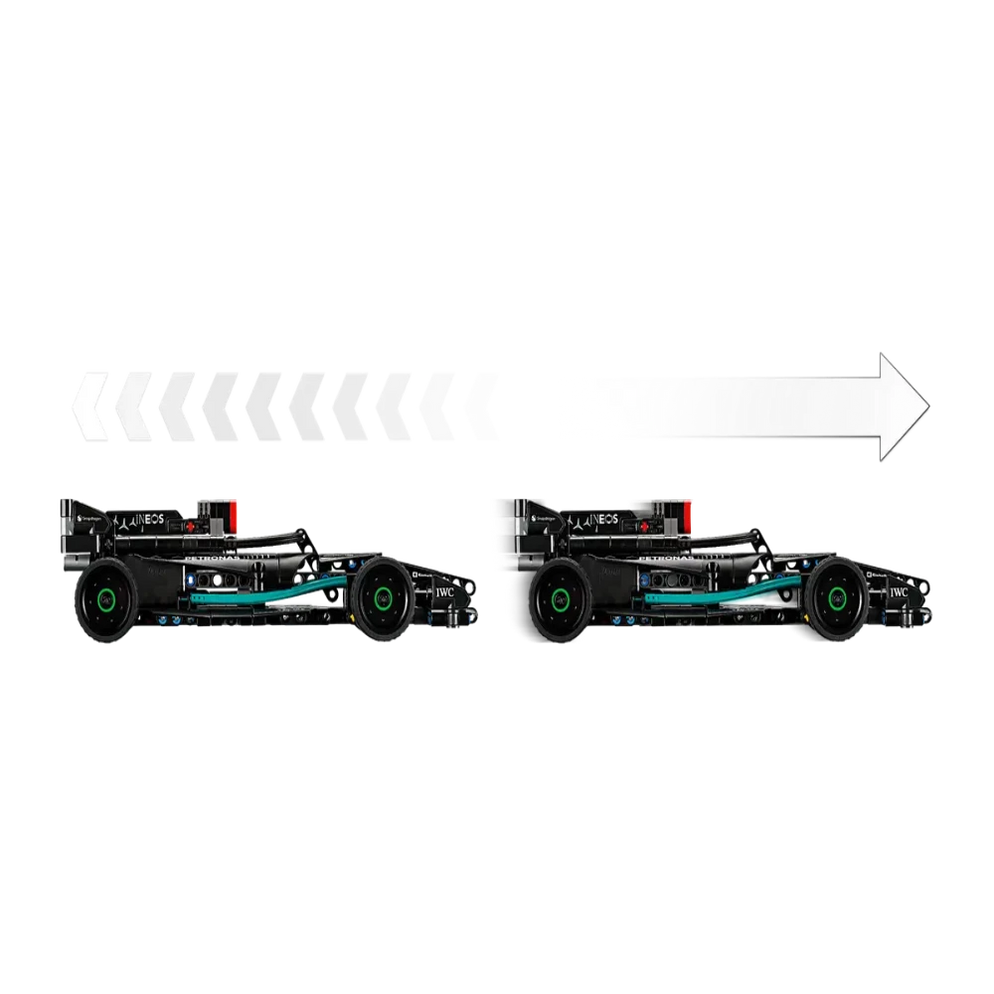 Lego Technic Mercedes F1 car India black model side by side showing aerodynamic flow arrow and motion comparison