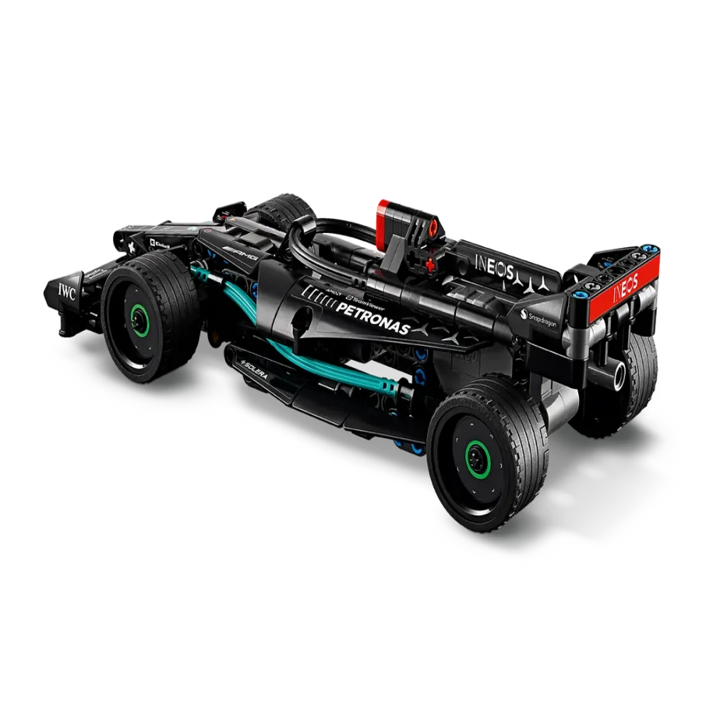 Lego Technic Mercedes F1 car India model in black with Petronas livery turquoise accents and detailed chassis