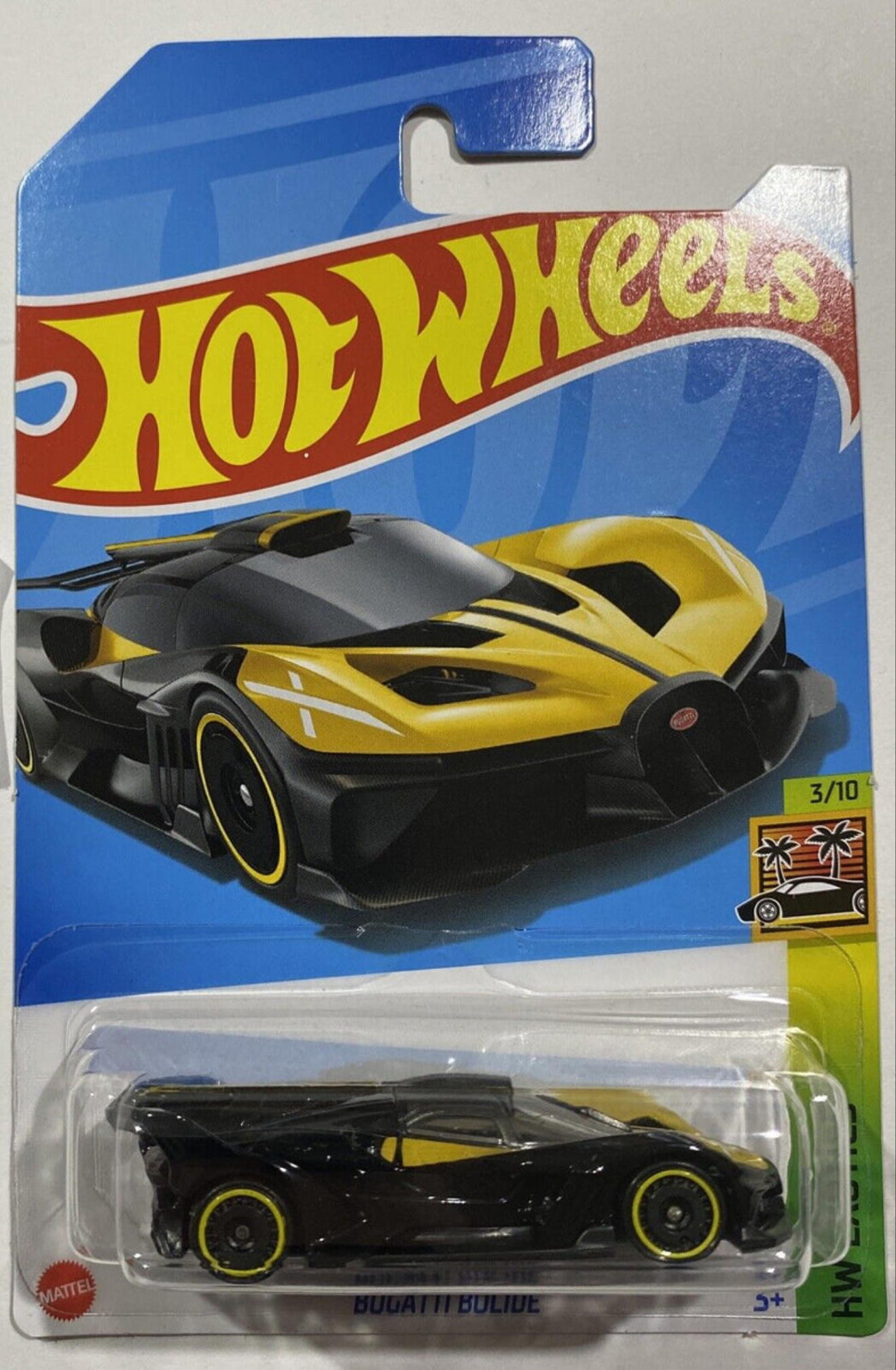 Hot Wheels collector car sale online Ahmedabad India featuring black and yellow Bugatti Bolide toy car in packaging