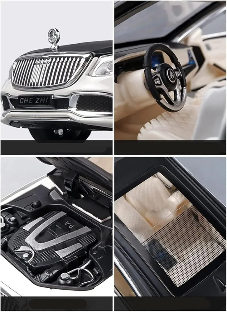 Mercedes Maybach S600 metal diecast model Ahmedabad showing front grill, interior steering, engine detail, and sunroof