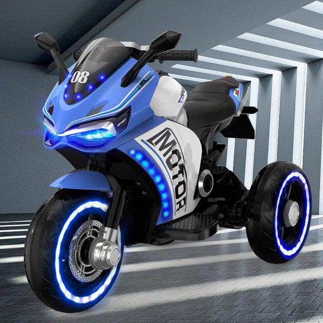Samstoy blue LED kids three wheel motorcycle battery operated ride on bike for children with sporty fairing