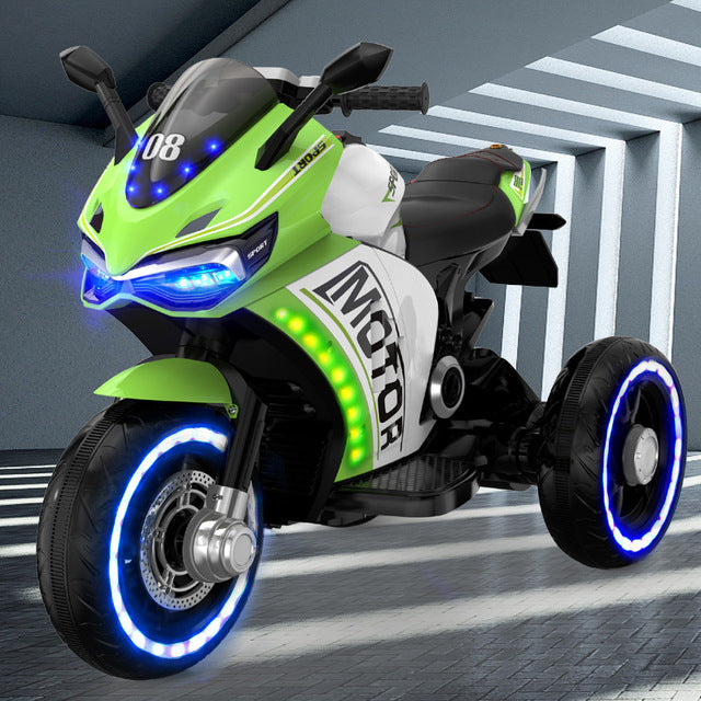 Green and white electric trike sport motorcycle with LED wheels and lights battery operated ride on bike for children