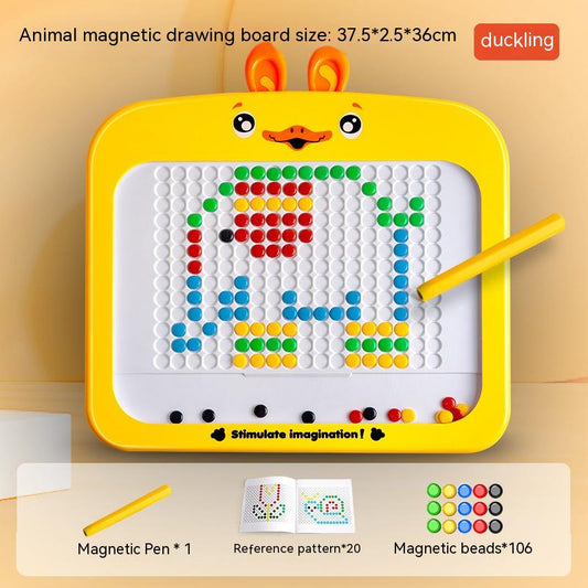 Yellow duck-themed magnetic drawing board, front view, Montessori educational toy for stimulating creativity