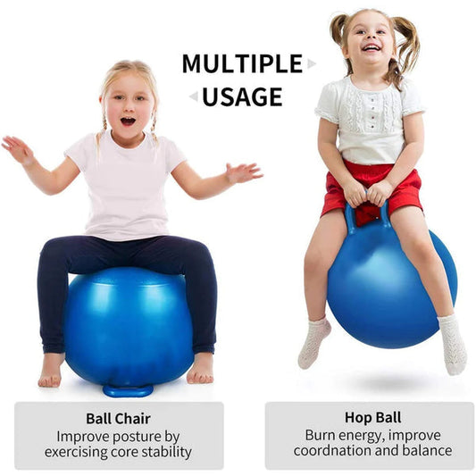 Kids playing with 75 cm bouncing ball with handle for kids zumba in blue for exercise and fun