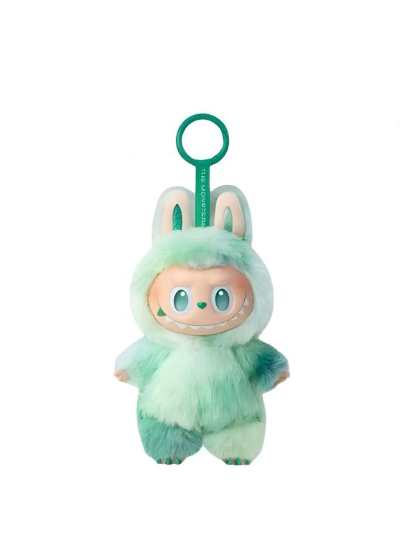 Official authentic Pop Mart India labubu doll online in green furry costume with keychain loop