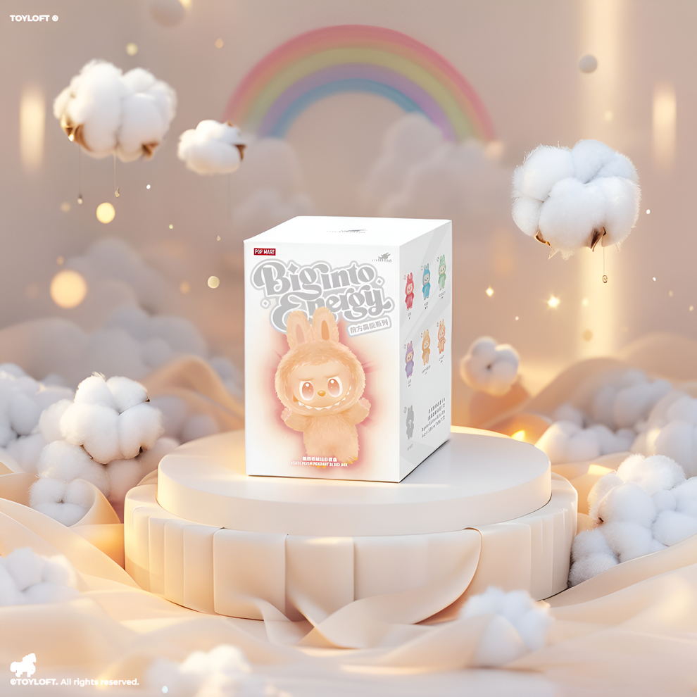 Official authentic Pop Mart India labubu doll online boxed collectible displayed with cotton clouds and rainbow background
