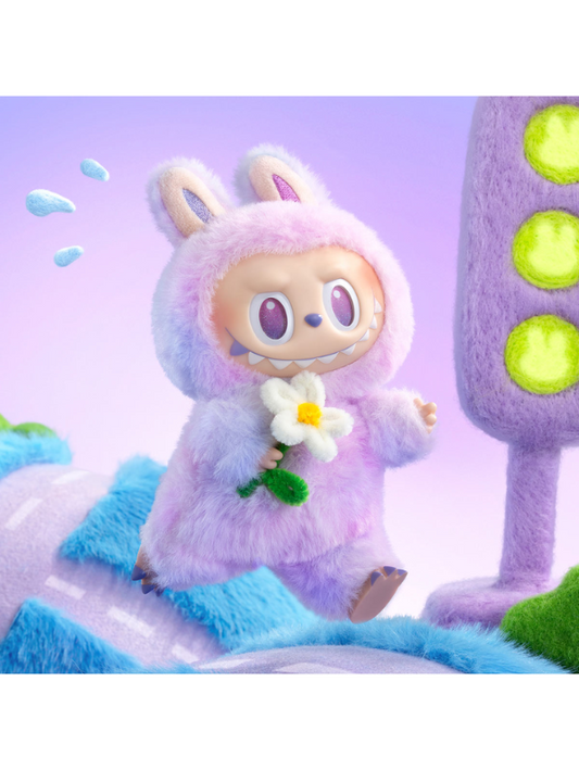 Official authentic Pop Mart India labubu doll online in a pink bunny costume holding a white flower