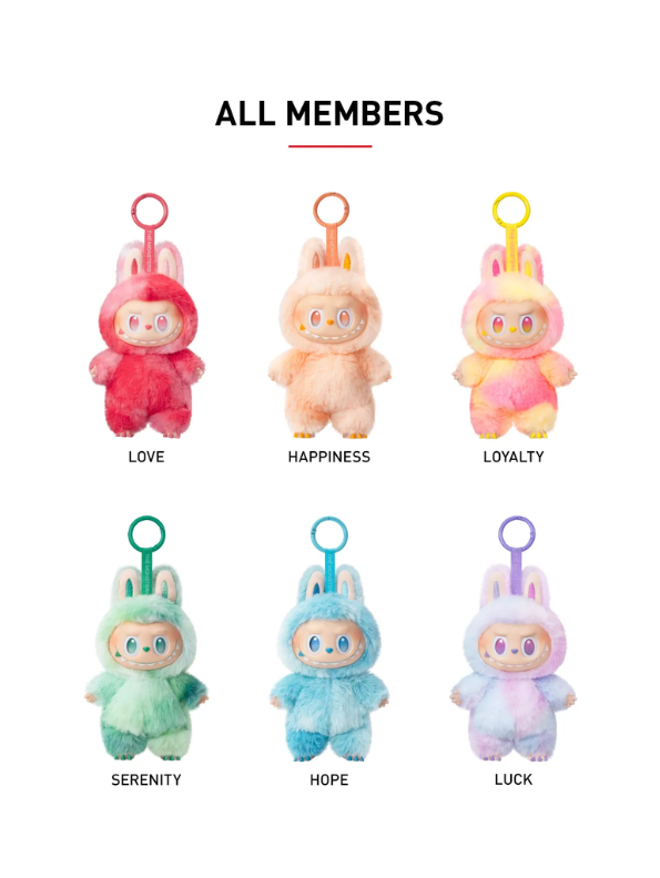 Official authentic Pop Mart India labubu doll online set featuring six colorful plush keychain dolls with emotions