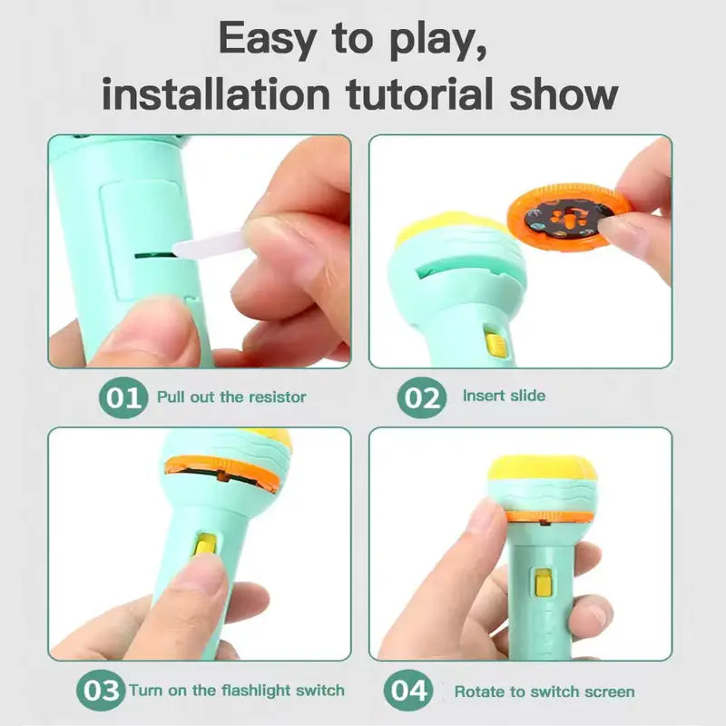 Mint handheld kids story projector light Ahmedabad Gujarat online India tutorial insert slide pull tab switch on rotate