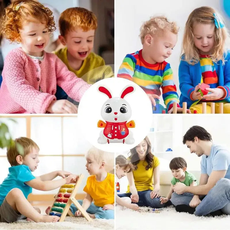 Group of children playing with electronic dancing musical lightning bunny for kids . white rabbit toy with lights and music