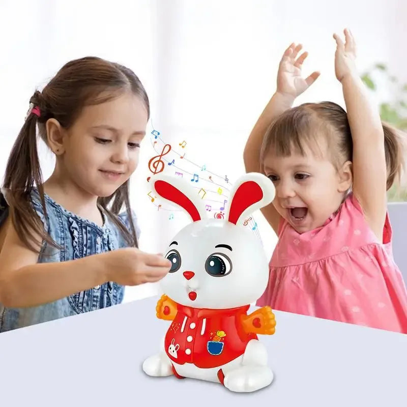 Two girls playing with electronic dancing musical lightning bunny for kids . white and red light up dancing rabbit toy with music