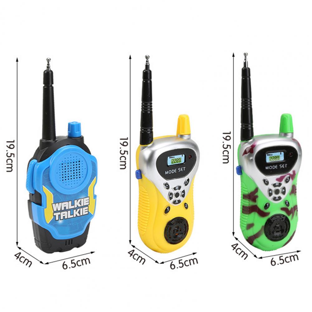 Three colorful toy walkie talkies blue yellow green with antennas for kids parent child interactive wireless walkie talkie