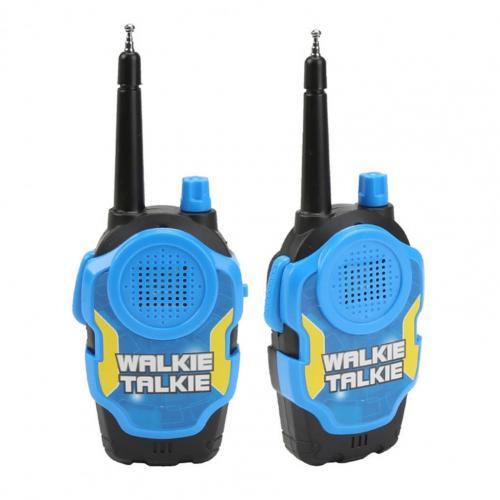 Pair of blue toy parent child interactive wireless walkie talkie set for roleplay communication and outdoor play