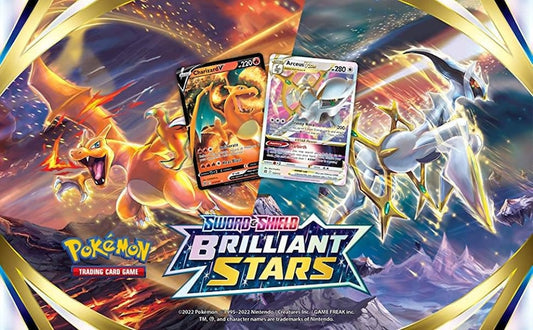 Pokemon Sword Shield Brilliant Stars rare Pokemon holo card pack featuring Charizard V and Arceus V cards