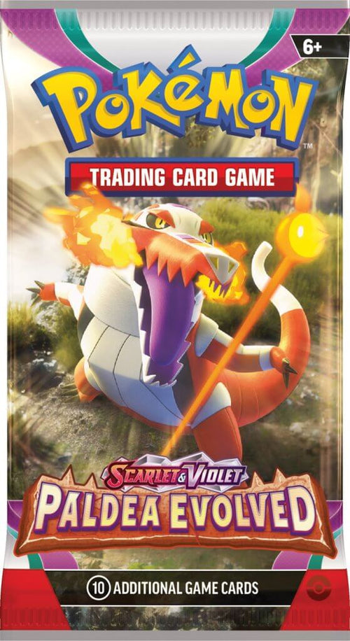 Pokemon Scarlet and Violet Paldea Evolved booster box online featuring trading card game pack with fiery character