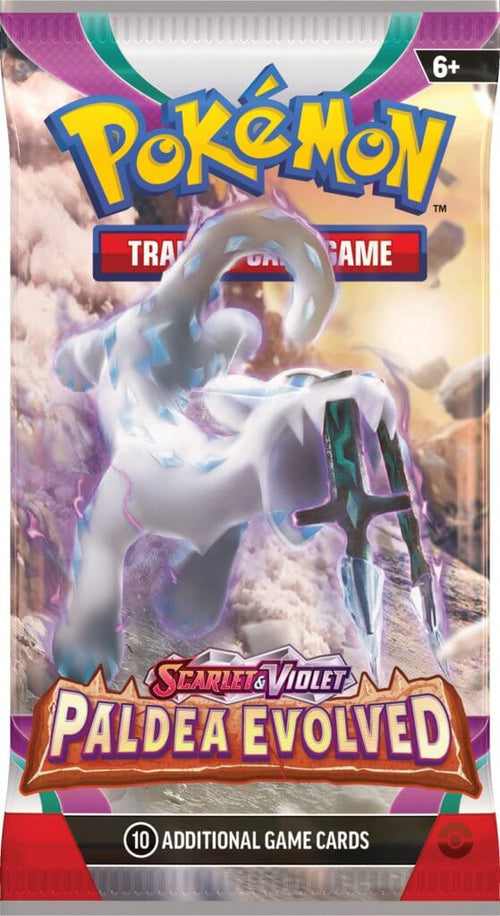Pokemon Scarlet and Violet Paldea Evolved booster box online featuring icy white and blue Pokemon character with 10 additional game cards
