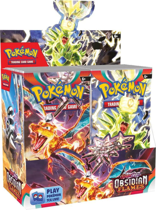 Pokemon TCG Obsidian Flames Booster Box featuring vibrant artwork of Charizard and other Pokémon