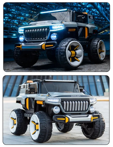 100 kg weight capacity kids car jumbo size jeep in Ahmedabad Gujarat by samstoy.in shown in black with LED lights and large wheels