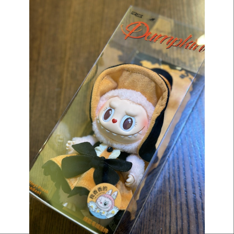 Pop Mart Labubu Pumpkin Mokoko pendant 17 cm at Sam's Toy featuring plush figure in pumpkin costume inside clear display box