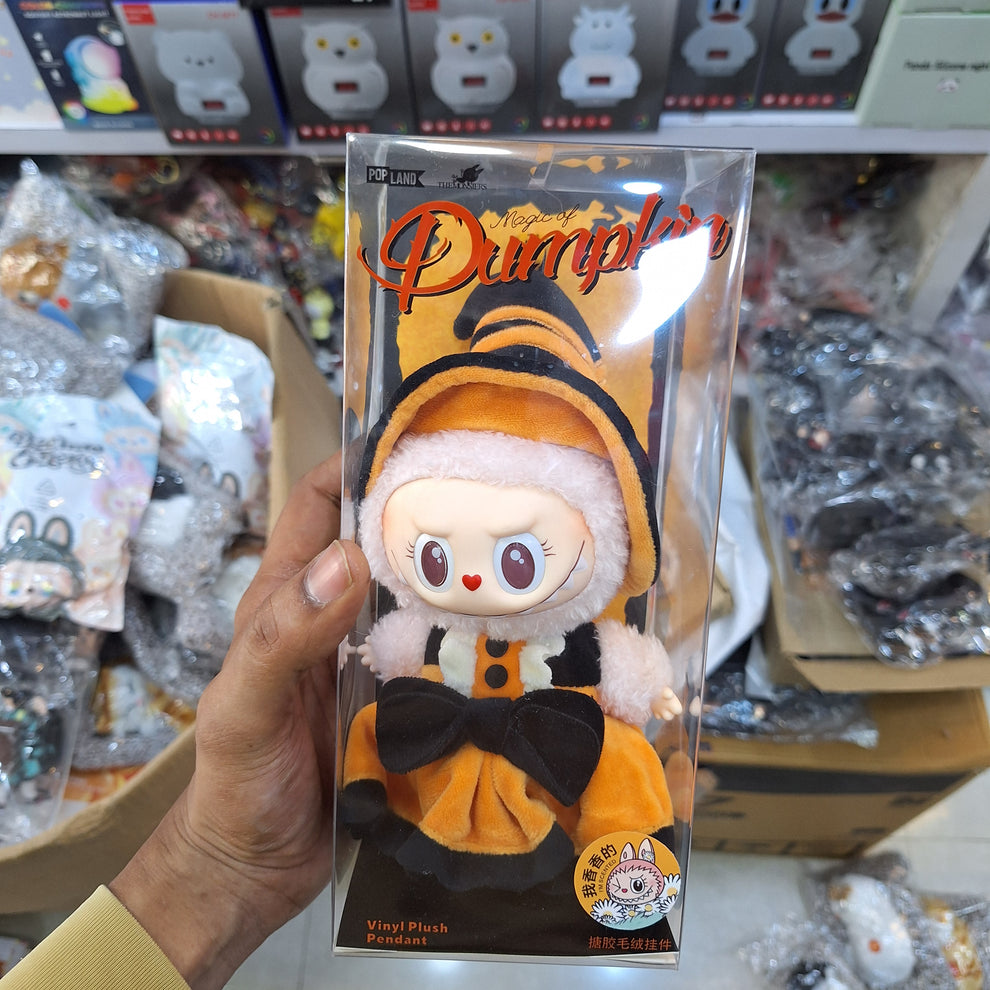 Pop Mart Labubu Pumpkin Mokoko pendant 17 cm at Sam's Toy vinyl plush figure in orange and black costume