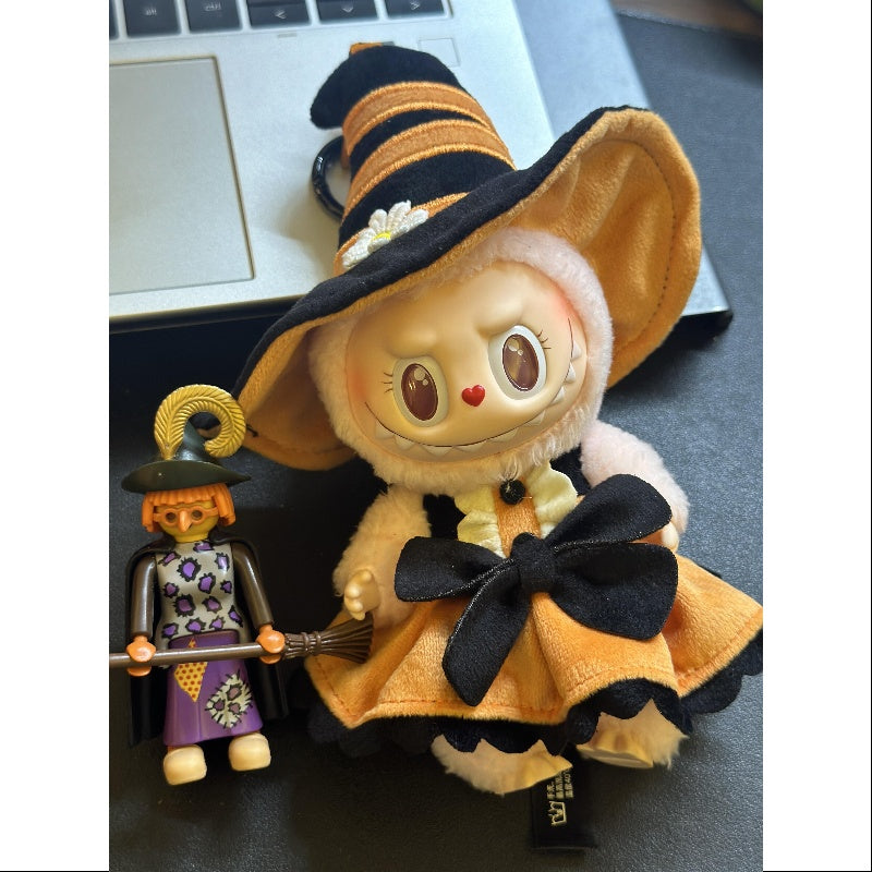 Pop Mart Labubu Pumpkin Mokoko pendant 17 cm at Sam's Toy plush doll wearing witch costume with black and orange hat