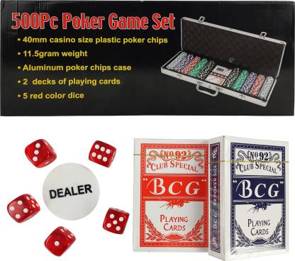Professional Casino Poker Set complete Blackjek chip set bag with 500 plastic chips, playing cards, and red dice