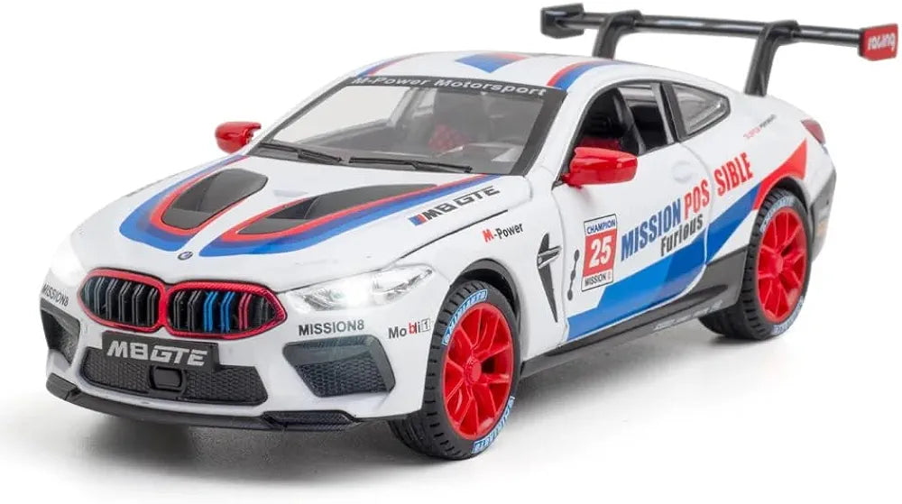 Pul back kids metal toy car with sound diecast model white racing car with red and blue stripes and red wheels