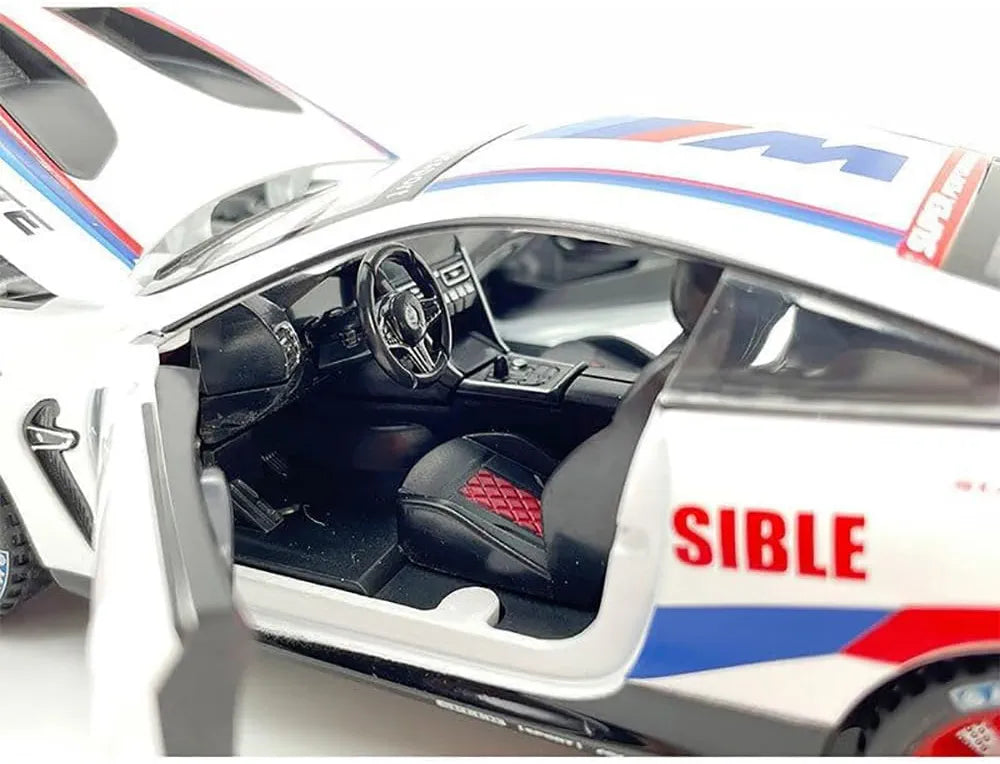 Close-up of pul back kids metal toy car with sound diecast model showing detailed interior and open doors