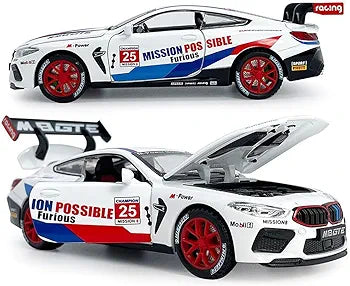 Pul back kids metal toy car with sound diecast model white race car with red wheels and opening doors