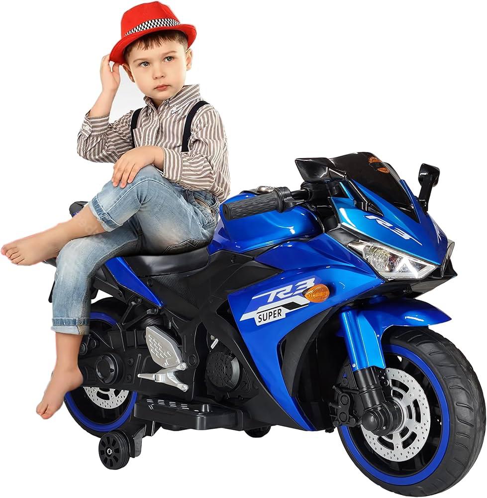 Child sitting on blue battery operated motorcycle for children R3 Bike kids near me Gujarat by FUN N FUNKY