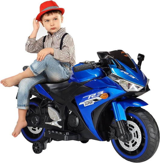 Child sitting on blue battery operated motorcycle for children R3 Bike kids near me Gujarat by FUN N FUNKY