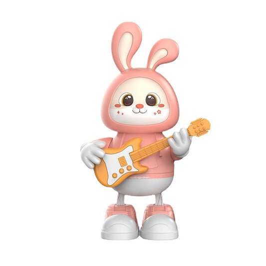 Pink rabbit toy holding a guitar, front view, perfect for imaginative play and music enjoyment