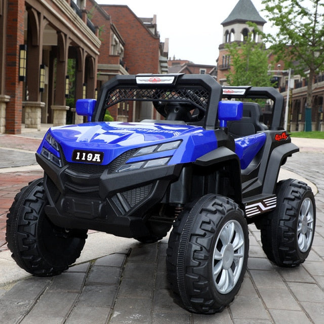Blue remote control off-road car for children with special offer price parked on city street