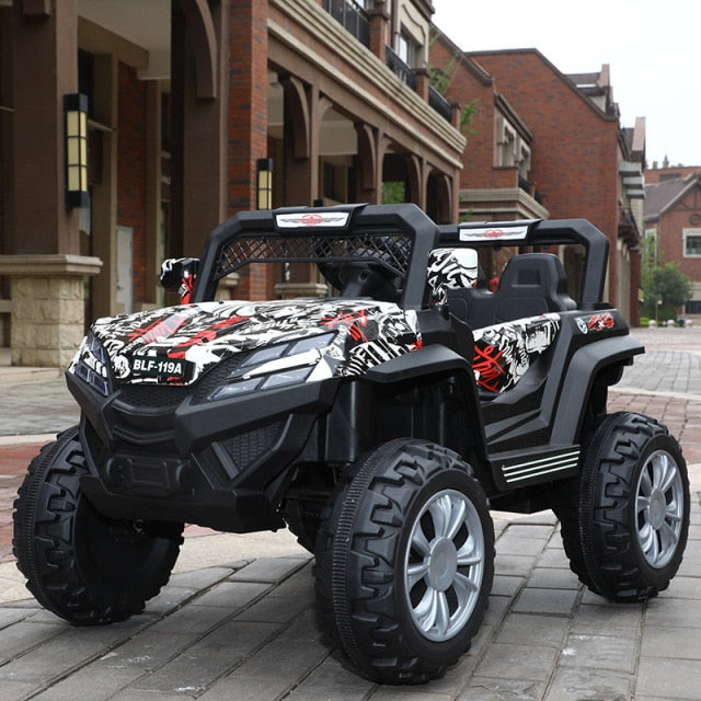 Black and white remote control off-road car for children with special offer price parked on paved street