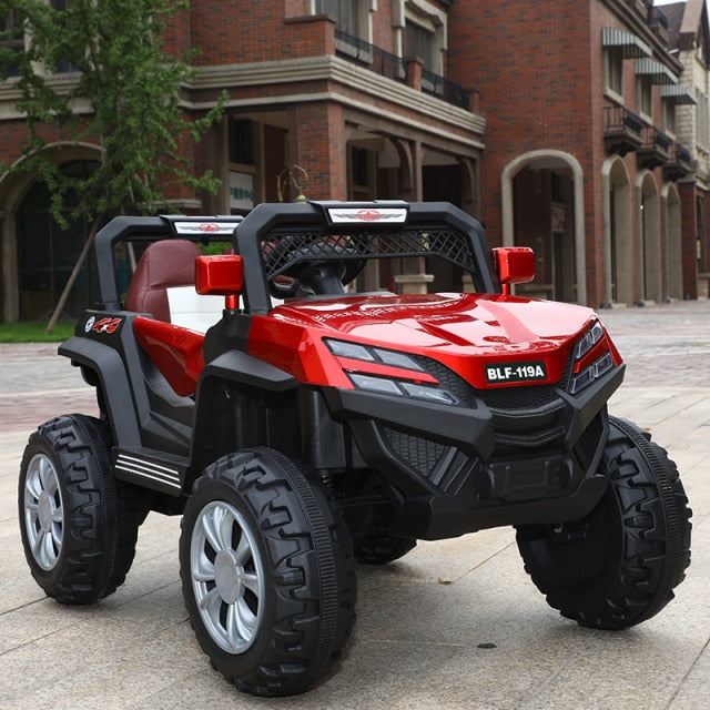 Red remote control off-road car for children with special offer price parked on pavement