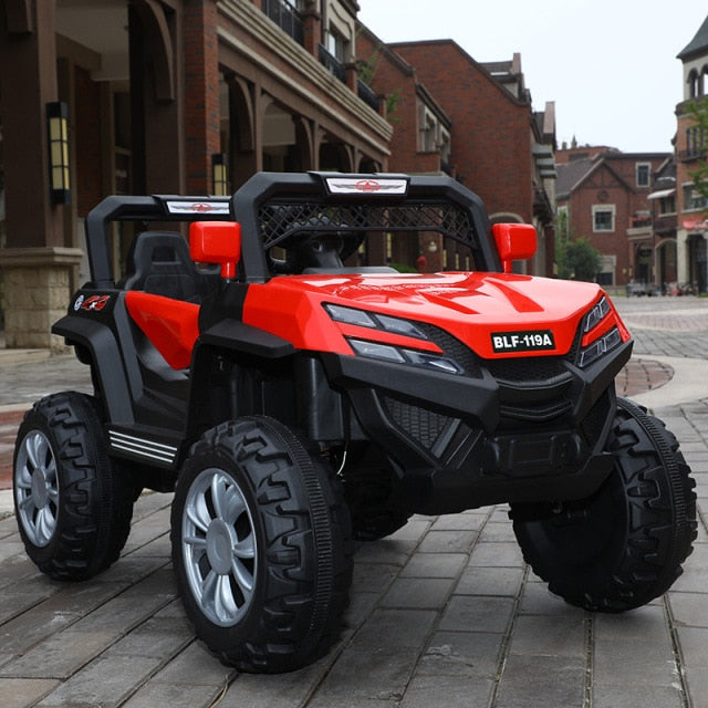 Red remote control off-road car for children with special offer price on city street background